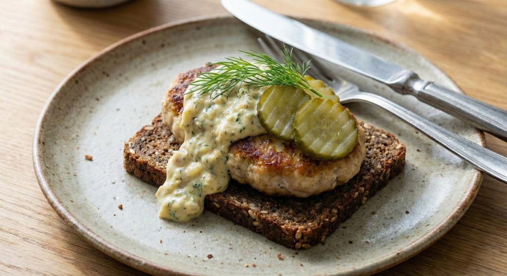 A traditional Danish open-faced sandwich (smørrebrød) on dense rugbrød rye bread, topped with cold leftover fiskefrikadeller, a dollop of creamy yellow Danish remoulade sauce, and thin slices of quick-pickled cucumbers.