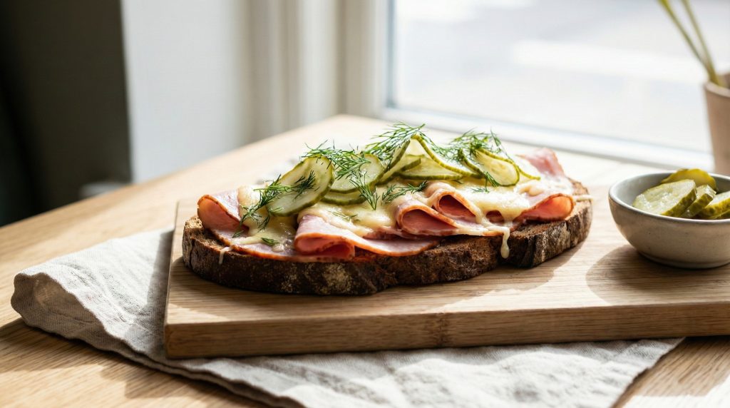 Open-faced Swedish ham and melted cheese sandwich topped with sweet Smörgåsgurka pickles and fresh dill on a wooden board.