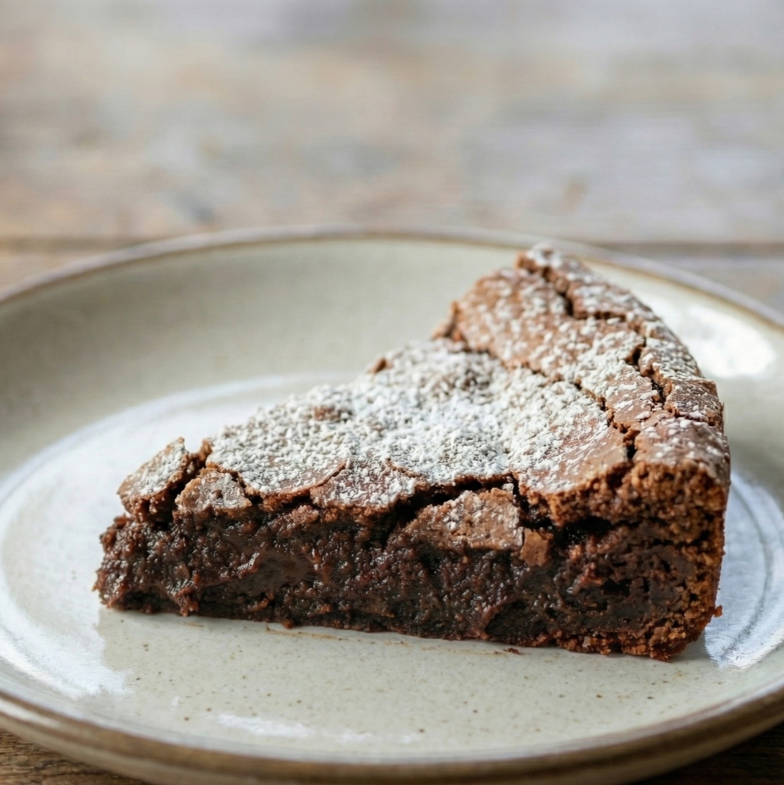 Slice of Swedish kladdkaka (sticky chocolate cake) on a ceramic plate, dusted with powdered sugar on a rustic wooden table.