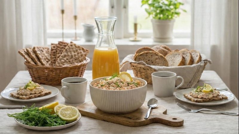 Swedish laxröra served for breakfast with crispbread, fresh dill, lemon, coffee, and bread on a light Nordic table by a window.