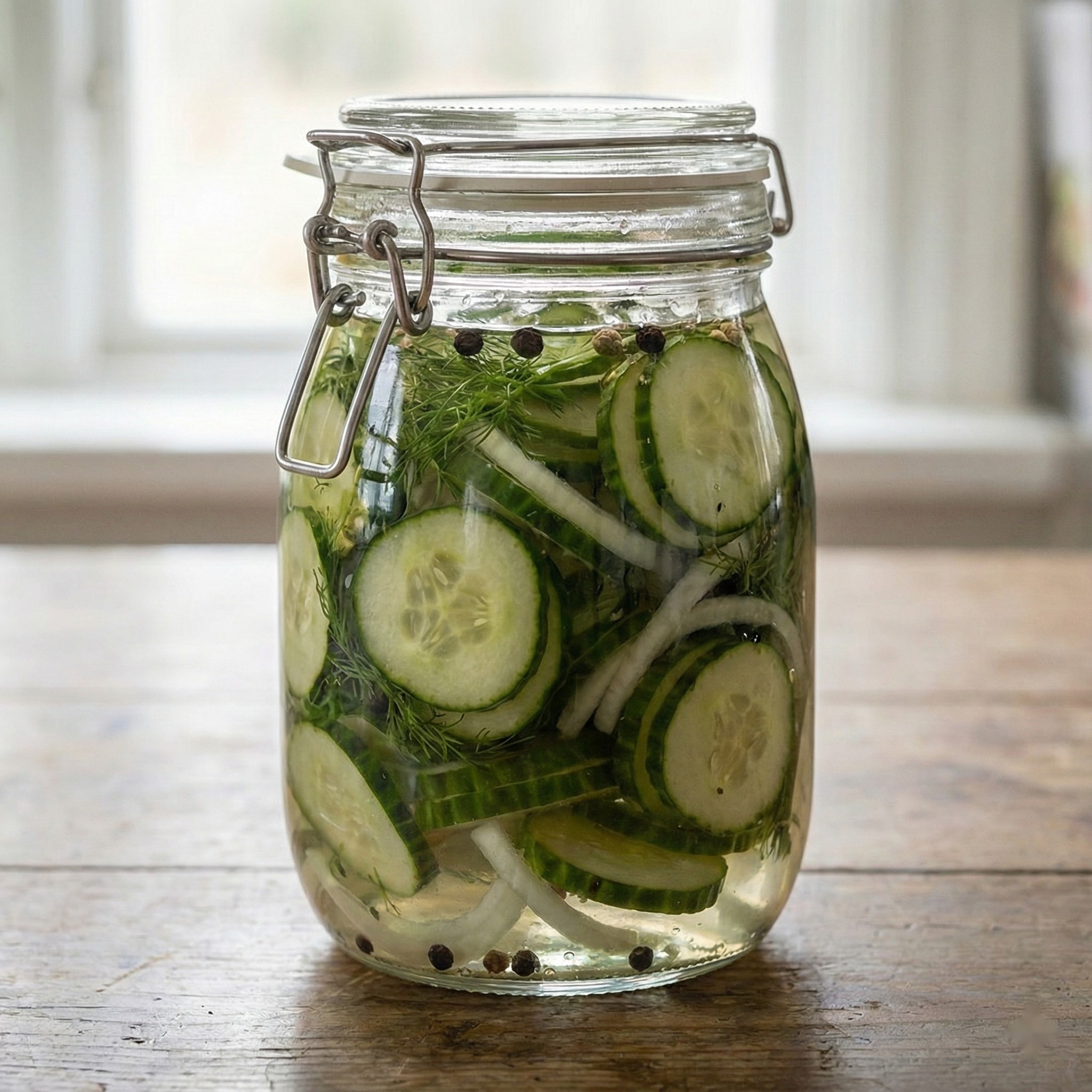 Swedish-style quick-pickled cucumber slices (pressgurka / ättiksgurka) in a glass jar with dill, onion, and peppercorns on a wooden table.