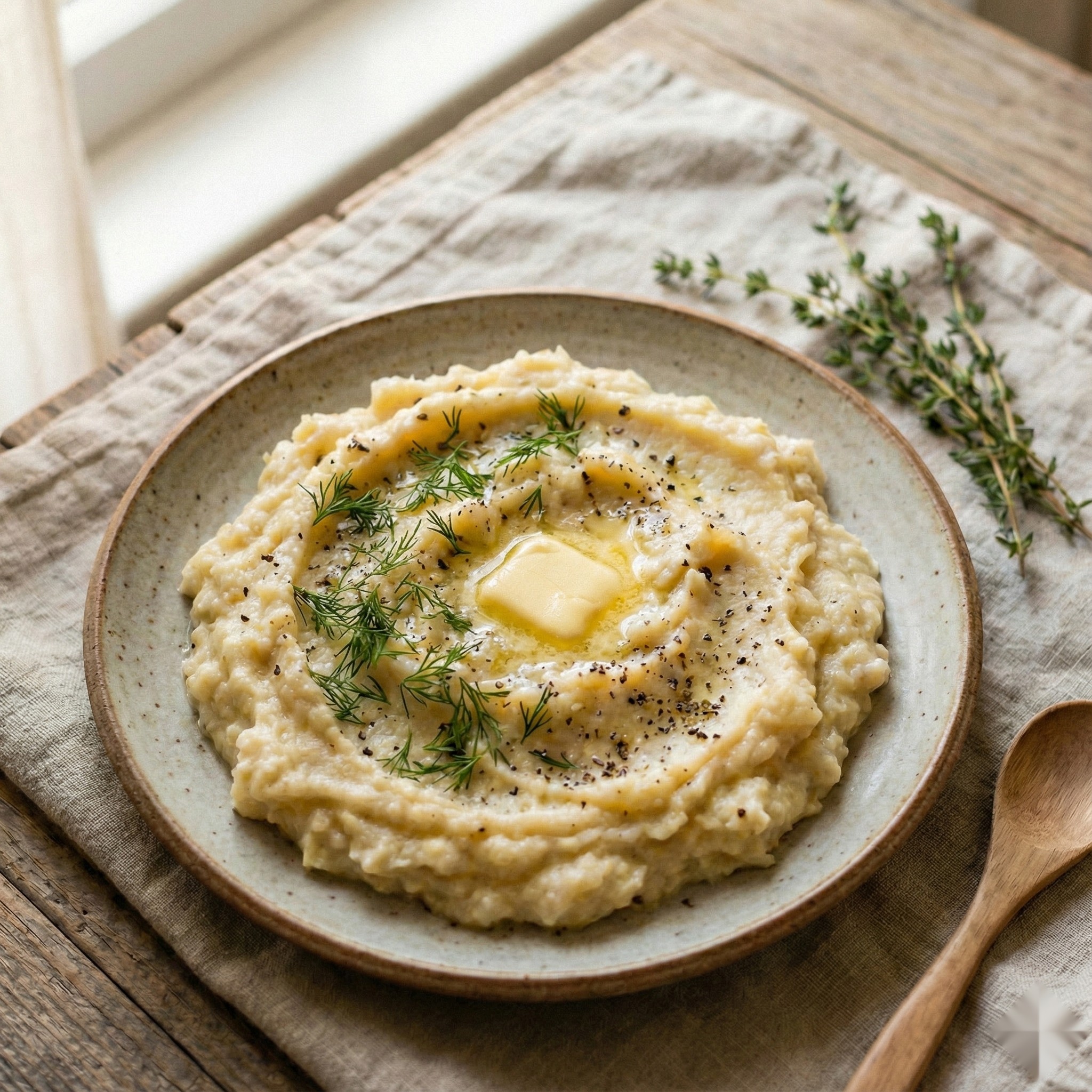 Close-up of creamy Swedish rotmos (mashed rutabaga and carrots) topped with melting butter, fresh dill, and cracked black pepper in a rustic bowl.