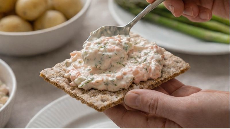 Creamy Nordic salmon salad being spread on crispbread with dill, potatoes, and asparagus in the background.