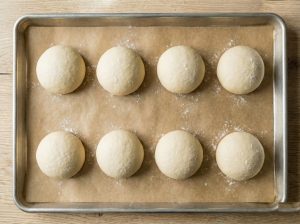 Shaped semla dough balls arranged on a parchment-lined baking sheet, lightly dusted with flour.