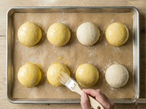Semla buns on a parchment-lined baking tray as egg wash is brushed on top.