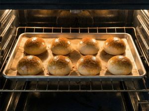 Semla buns baking in the oven on a sheet pan, turning deep golden brown.
