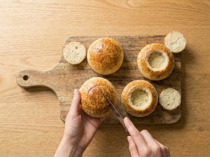 Hands cutting the top off a semla bun and hollowing the center on a wooden board.