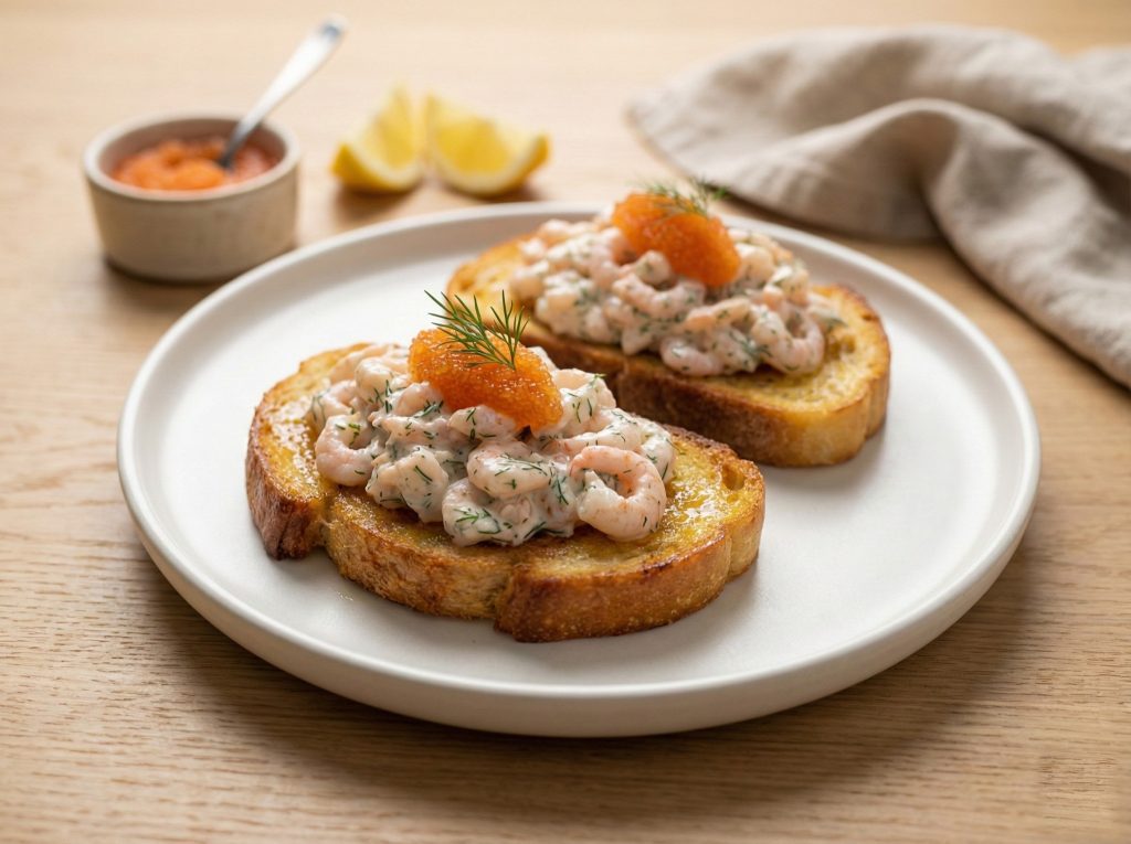 Toast Skagen topped with creamy shrimp Skagenröra, löjrom, and dill on toasted bread