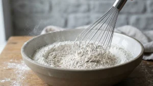 Whisking together whole grain and all-purpose flour in a ceramic bowl to distribute the salt.