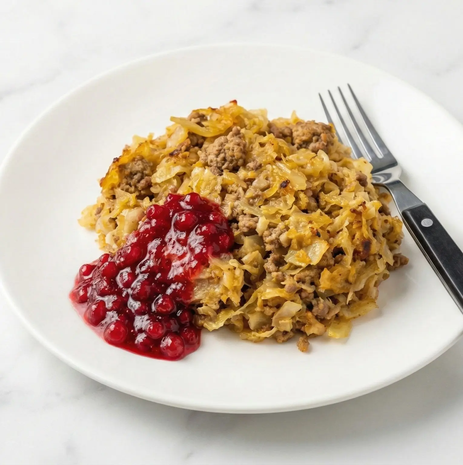 A white plate featuring a serving of Finnish cabbage casserole (kaalilaatikko) made with ground beef and cabbage, topped with a generous spoonful of red lingonberry jam.