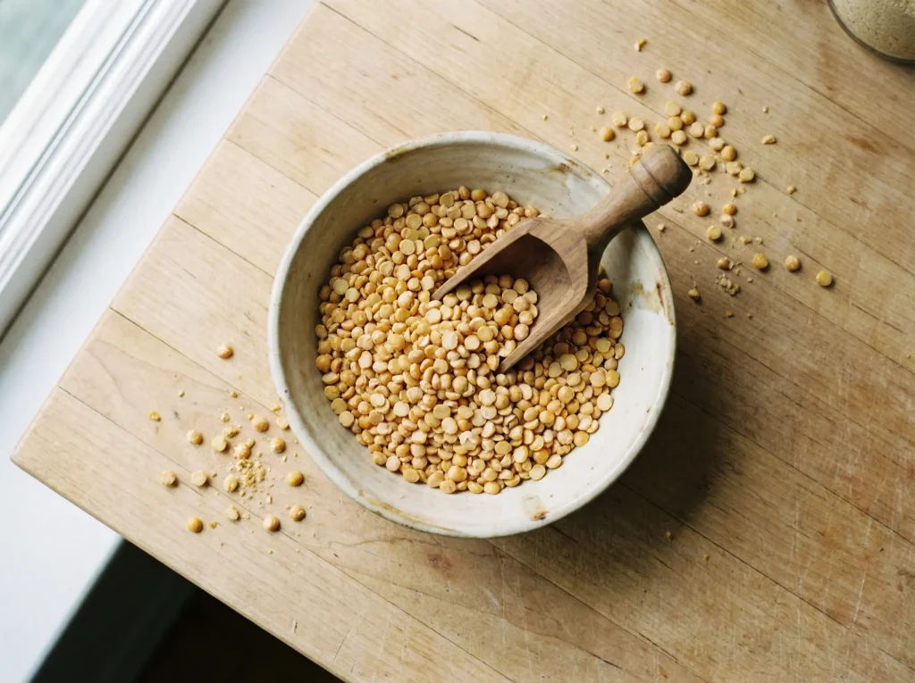Yellow split peas in a ceramic bowl with a wooden scoop on a wooden countertop