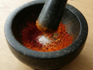 Mortar and pestle crushing saffron threads with sugar to release color and flavor.