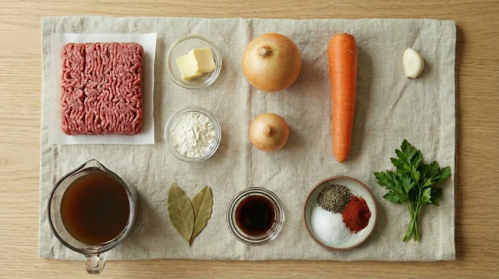 Ingredients for Danish millionbøf laid out on a linen cloth: ground beef, onion, carrot, garlic, butter, flour, beef broth, bay leaves, seasonings, Worcestershire, and parsley.