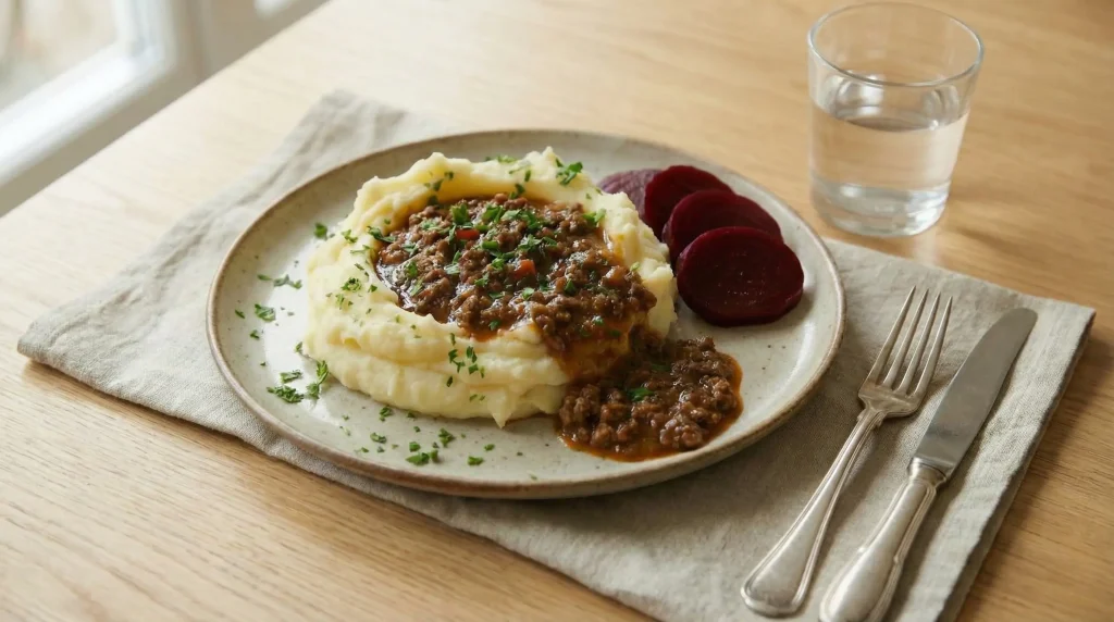 Plated Danish millionbøf (ground beef in gravy) served over mashed potatoes with sliced pickled beets and chopped parsley.