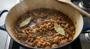Danish millionbøf simmering with browned ground beef, onions, diced carrots, and bay leaves in broth.