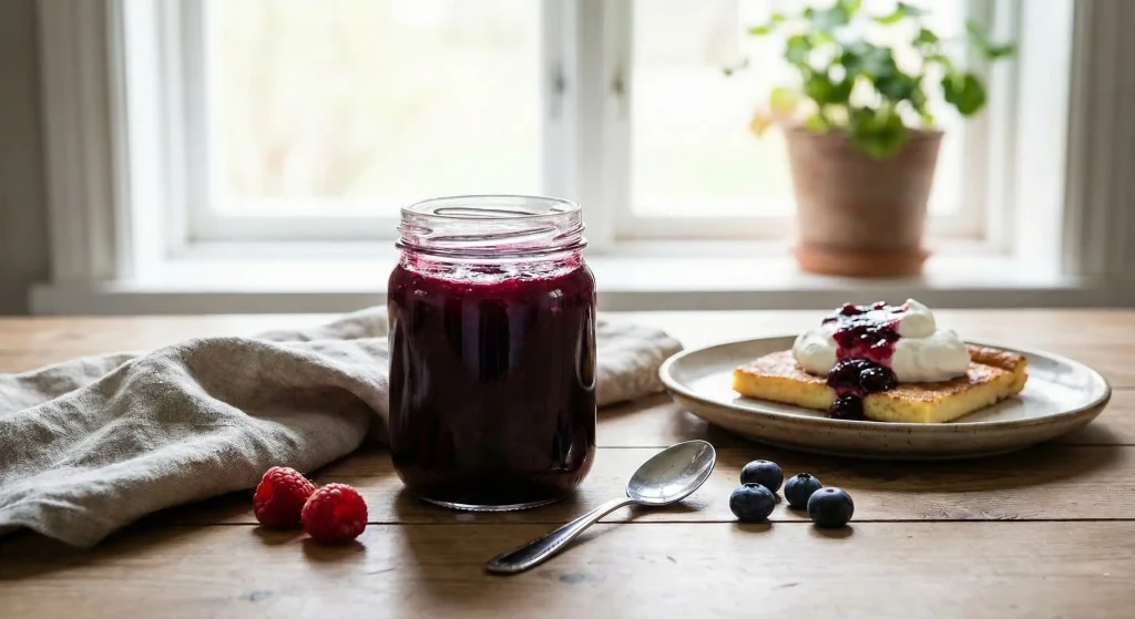 ar of Drottningsylt (Swedish Queen’s Jam) made with blueberries and raspberries, served with ugnspannkaka and whipped cream.