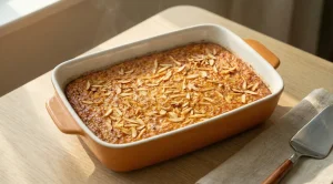 Baked Gotland saffron pancake in a casserole dish, golden-brown with sliced almonds on top.