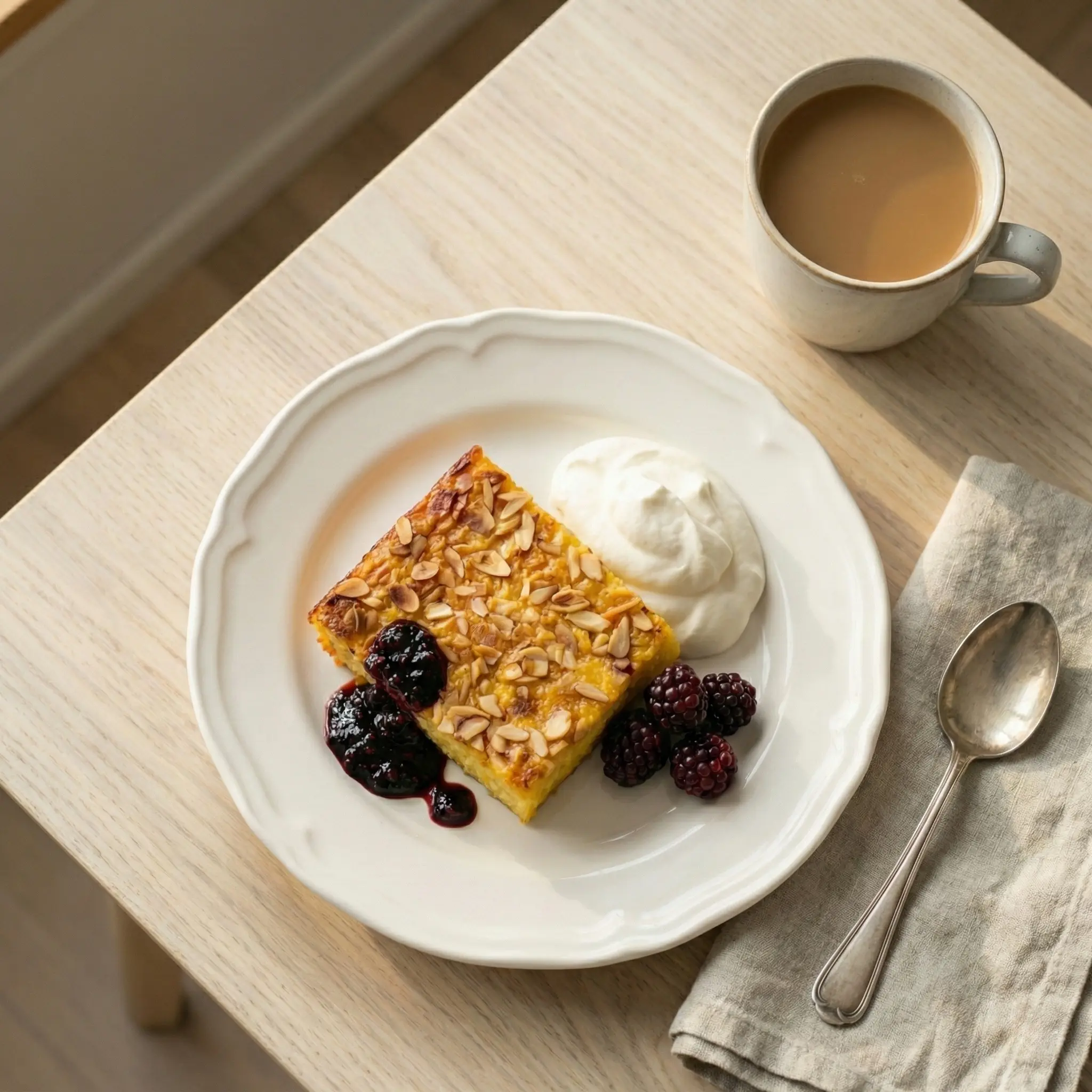 Slice of Gotland saffron pancake (Swedish baked saffron rice pudding) topped with toasted almonds, served with berries and whipped cream.
