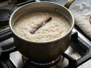 Saucepan of creamy rice porridge simmering with a cinnamon stick on the stove.