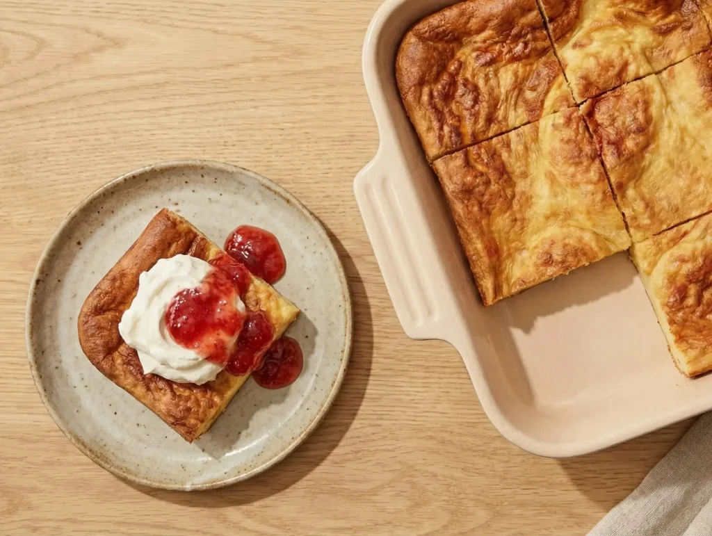 Swedish oven pancake (ugnspannkaka) baked in a dish and cut into squares, with one slice topped with whipped cream and berry jam.
