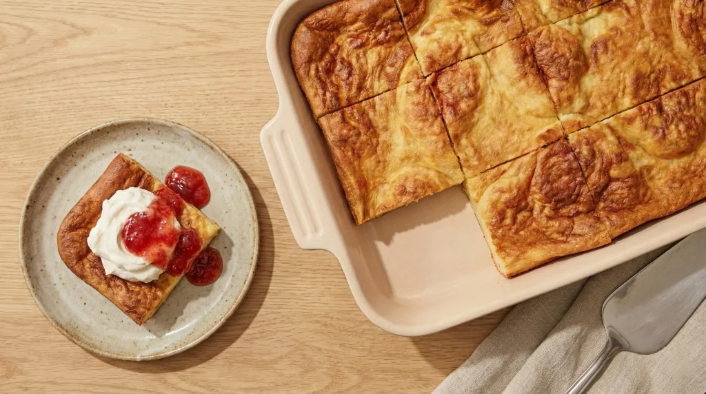 Swedish oven pancake (ugnspannkaka) baked in a dish and cut into squares, with one slice topped with whipped cream and berry jam.