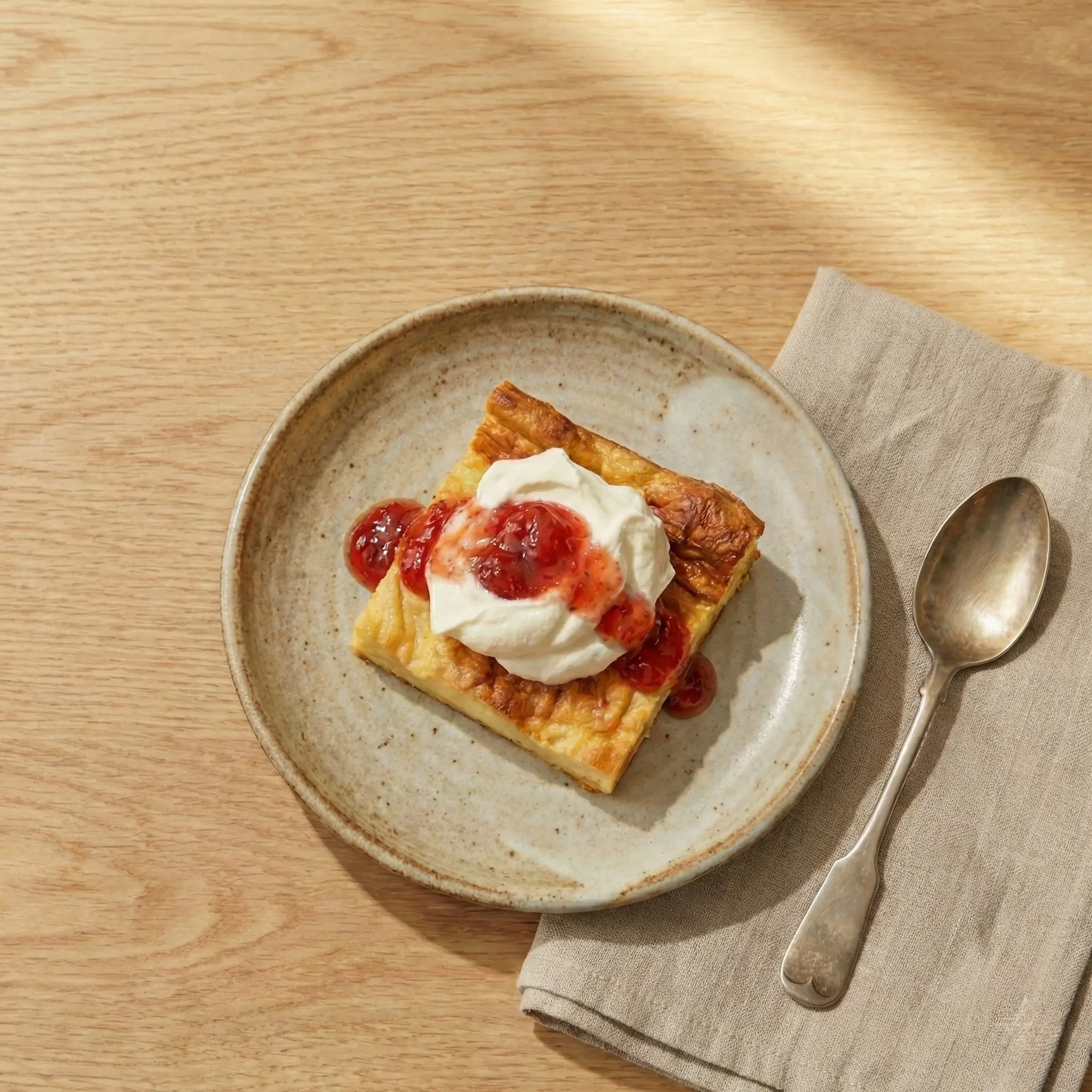 Swedish oven pancake (ugnspannkaka) served as a square with whipped cream and berry jam on a ceramic plate.
