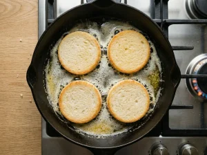 Four round bread circles frying in foaming butter in a cast iron skillet on a gas stove for Toast Pelle Janzon