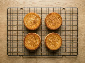 Four golden butter-fried round toasts resting on a wire cooling rack to stay crisp for Toast Pelle Janzon