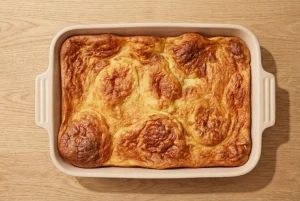 Baked ugnspannkaka puffed and deeply golden in a rectangular baking dish.