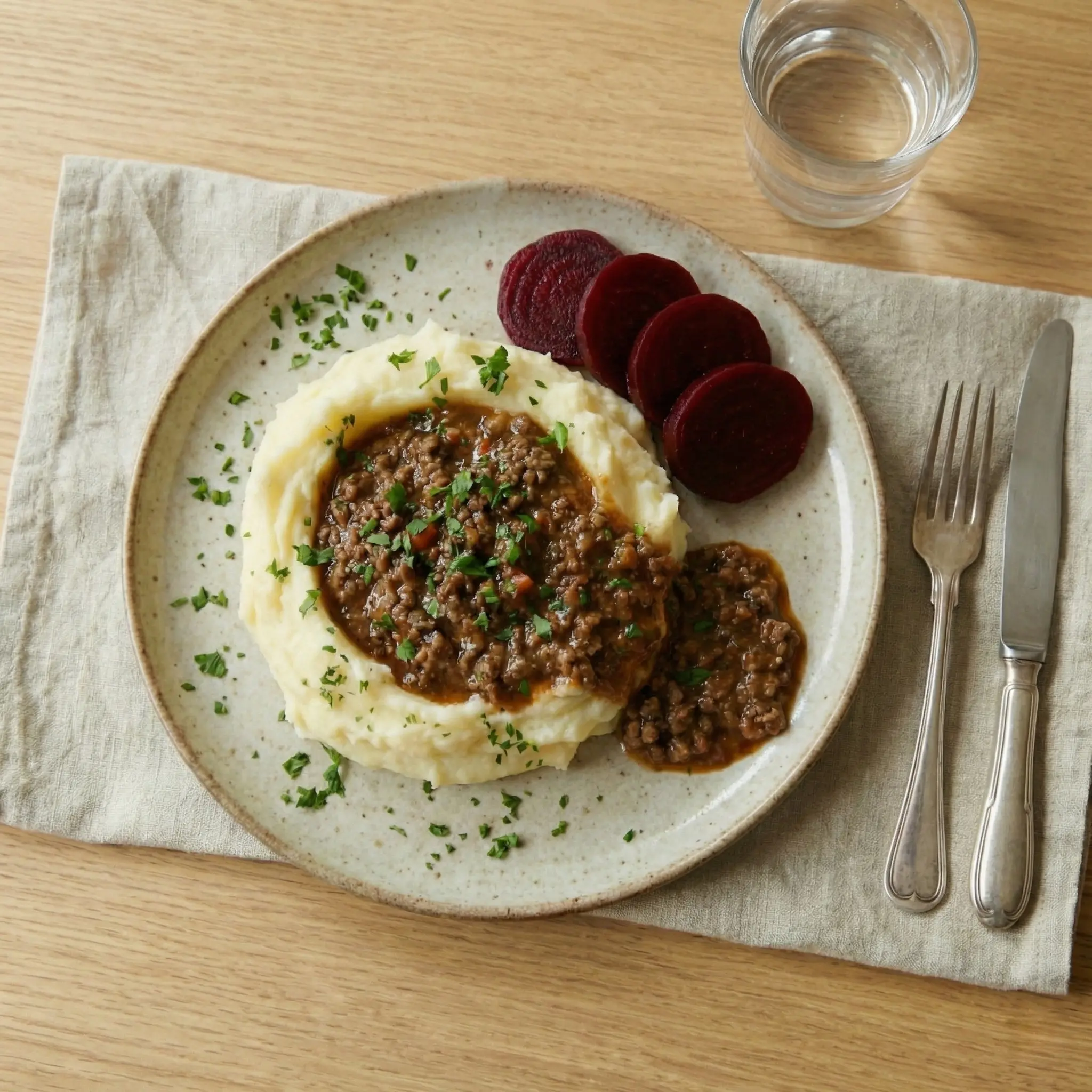 Danish millionbøf served on mashed potatoes with sliced pickled beets and parsley.