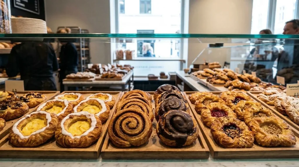 A glass display case at a Copenhagen bakery filled with rows of freshly baked Danish pastries (wienerbrød), including golden custard-filled spandauer with white icing, spiral kanelsnegl (cinnamon snails), chocolate-glazed direktørsnegl (boss snails), jam-filled spandauer, and seed-topped pastries, arranged on wooden trays.