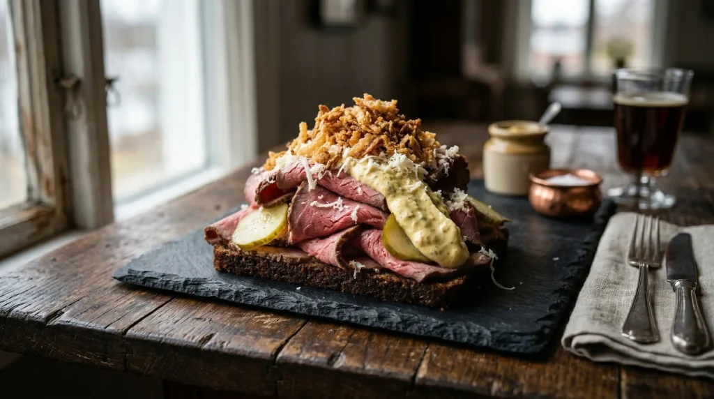 Danish open-faced roast beef smørrebrød piled dramatically high on dark dense rugbrød on a black slate board, with a diagonal smear of curry remoulade, pickled cucumbers, freshly grated white horseradish, and a crown of golden crispy fried onions, set on a rustic wooden table by a window with a glass of dark beer alongside