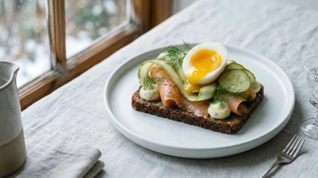Danish open-faced smørrebrød on dark rugbrød with loosely folded gin-cured gravlax salmon, shaved cucumber ribbons, lemon-dill mayonnaise dollops, pickled cucumber slices, fresh dill sprigs, and a halved jammy soft-boiled egg with a golden flowing yolk, served on a white ceramic plate on a pale linen tablecloth by a snowy winter window