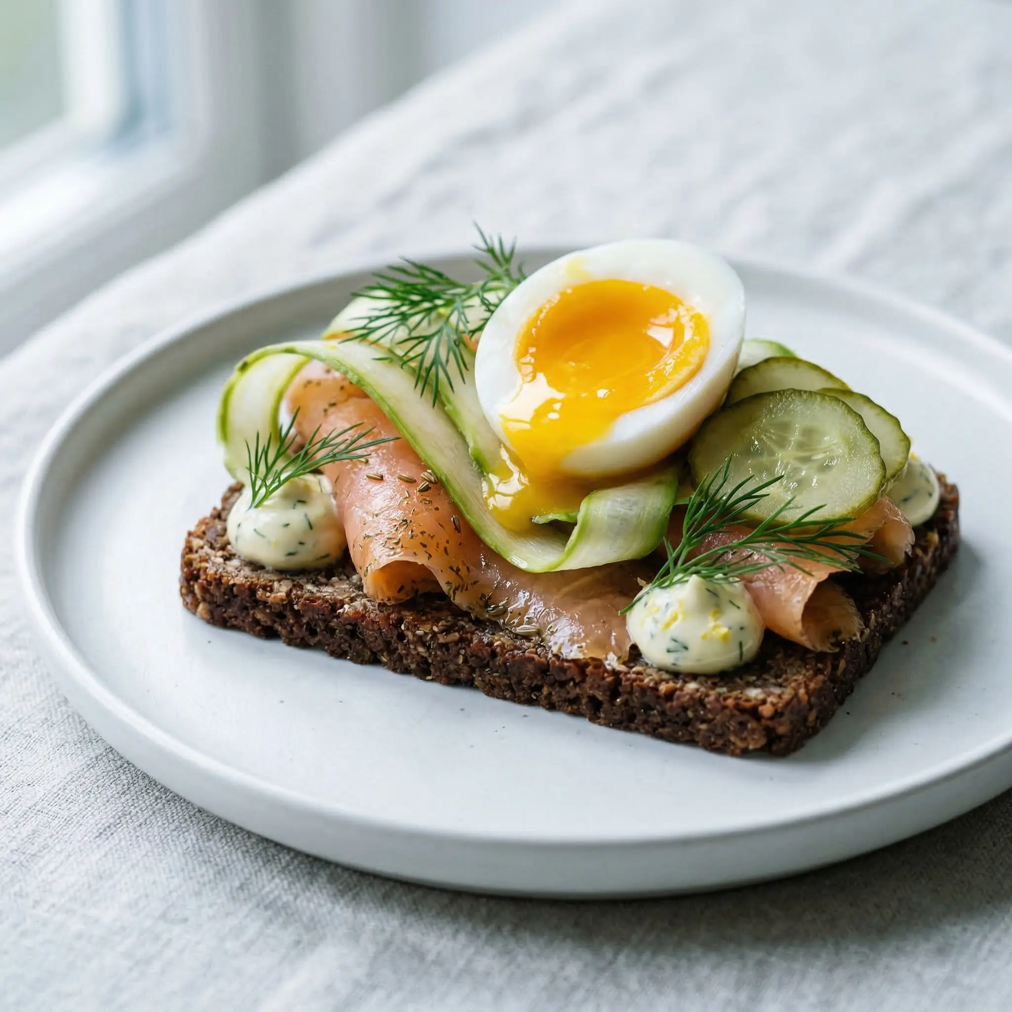 Danish open-faced sandwich (smørrebrød) on dark rugbrød with gin-cured salmon, shaved cucumber ribbons, lemon-dill mayonnaise, pickled cucumbers, and a halved jammy soft-boiled egg with a golden flowing yolk, served on a white ceramic plate