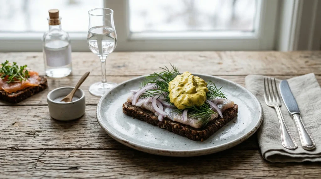 Classic Danish smørrebrød on dark rugbrød with pickled herring fillets, thin red onion rings, fresh dill, and a generous dollop of golden curry remoulade, served on a rustic ceramic plate on a worn wooden table with a glass of aquavit in the background