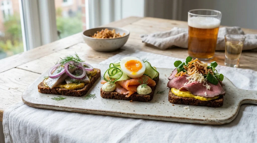 Three classic Danish open-faced sandwiches on dark rugbrød displayed on a rustic white ceramic serving board — herring with red onion and remoulade, gin-cured salmon with jammy egg and cucumber, and rare roast beef with crispy onions — served on a wooden table with a glass of lager beer and a bowl of crispy onions in the background