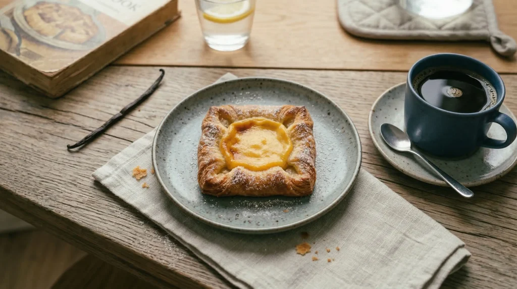 A square golden-brown homemade Danish wienerbrød (spandauer) with a flaky laminated pastry crust and baked vanilla custard centre, dusted with powdered sugar, served on a grey speckled ceramic plate on a linen napkin, with a black coffee in a blue ceramic mug, a vanilla pod, a glass of lemon water, and an old cookbook on a rustic wooden table.