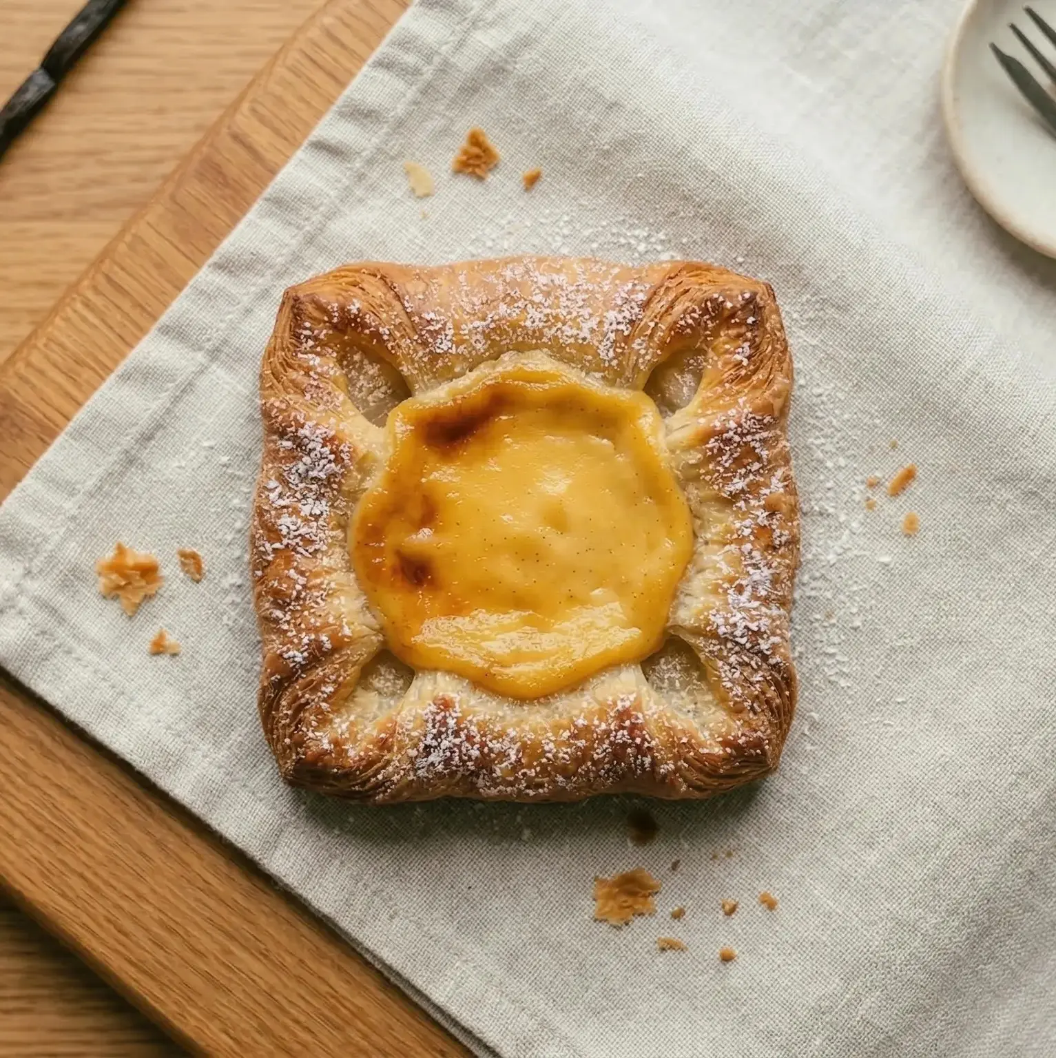 Close-up overhead view of a homemade square Danish wienerbrød (spandauer) with a generously filled golden vanilla custard centre, flaky buttery laminated pastry edges dusted with powdered sugar, resting on a linen napkin on a wooden cutting board.