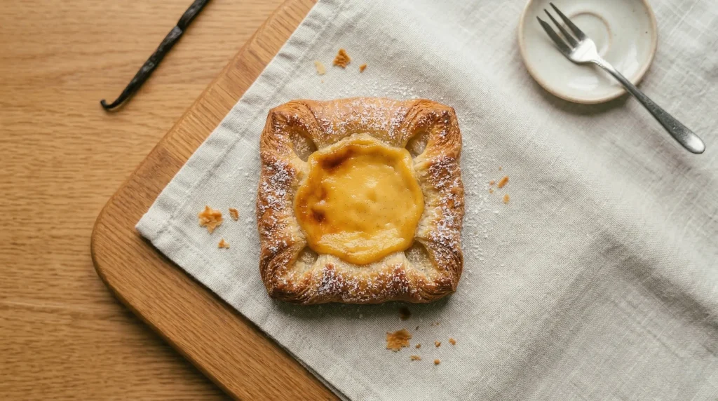 Overhead flat-lay of a square homemade Danish wienerbrød (spandauer) with golden baked vanilla custard centre and flaky laminated pastry edges, dusted with powdered sugar, resting on a linen napkin on a wooden cutting board, with a vanilla pod and a small white ceramic plate with a fork alongside.