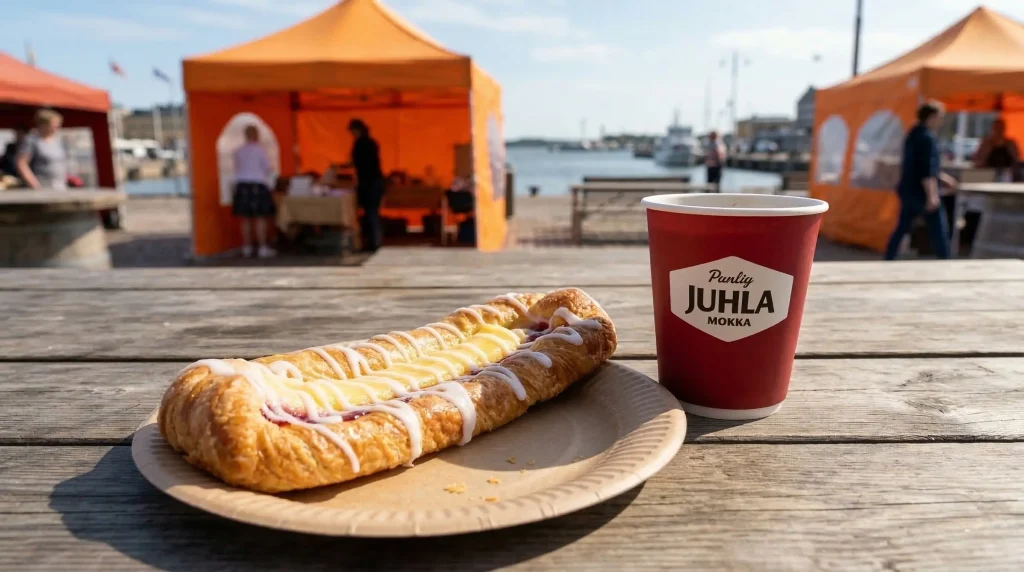 A golden flaky pitkäviineri pastry filled with vanilla custard and raspberry jam, drizzled with white icing glaze, served on a paper plate beside a red Paulig Juhla Mokka takeaway coffee cup on a wooden table at Helsinki's Kauppatori harbour market, with orange market stalls and the sea visible in the background.