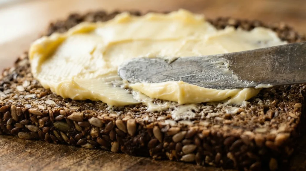Extreme close-up of a thick layer of pale yellow salted butter being spread edge-to-edge across a dense dark seeded rye rugbrød slice using a silver knife on a wooden chopping board, showing the bread's visible whole seeds and dense crumb texture