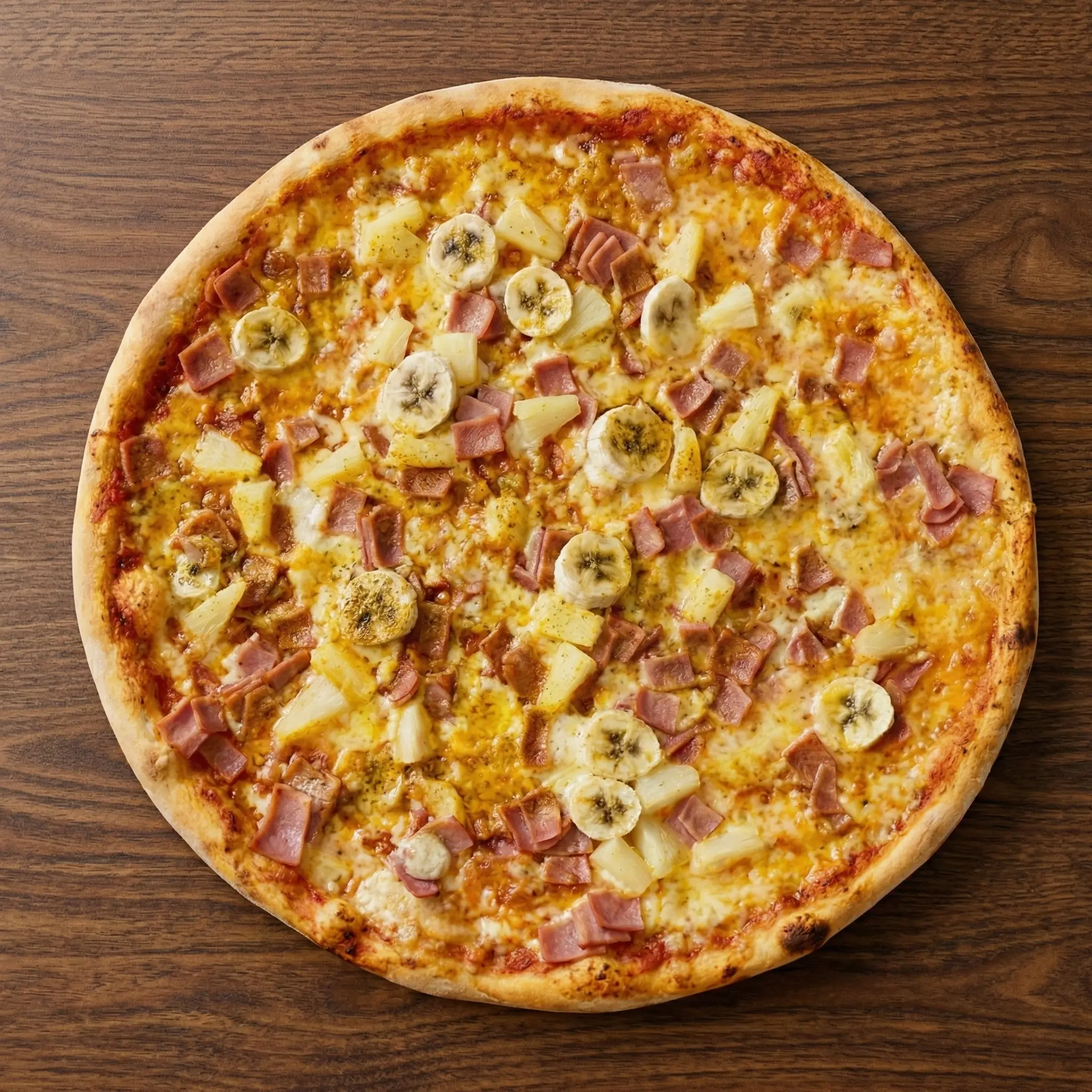 Overhead view of a homemade Swedish banana curry pizza with sliced banana, diced ham, pineapple, and curry powder on a wooden surface