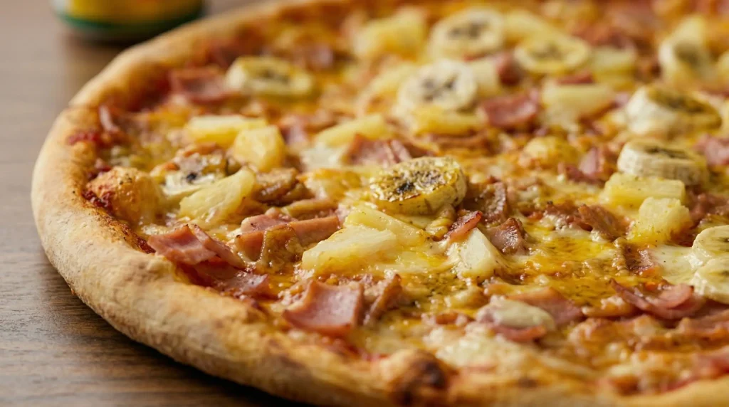 Close-up of Swedish banana curry pizza toppings with sliced banana, ham, pineapple chunks, and melted mozzarella dusted with curry powder