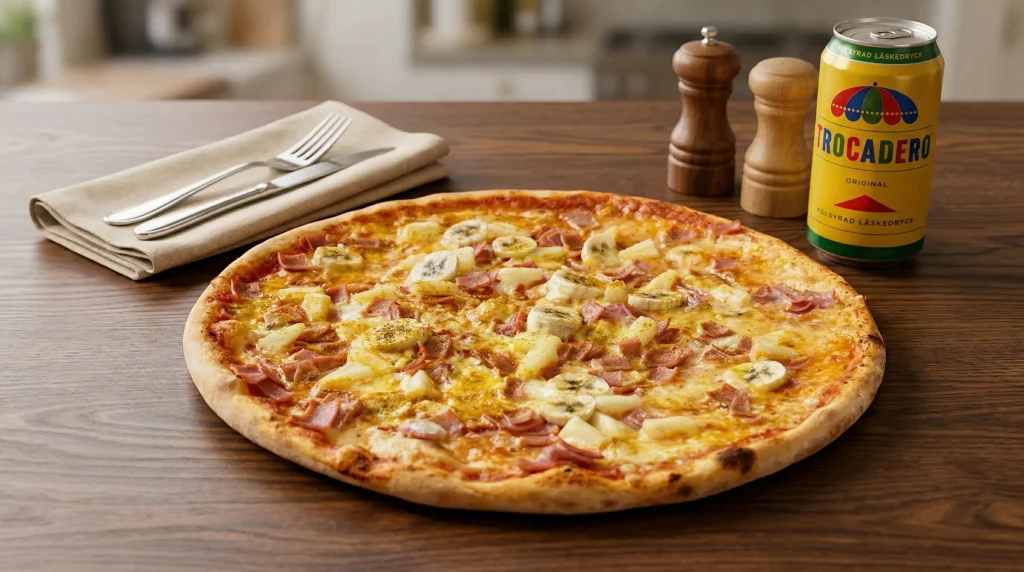 Whole Swedish banana curry pizza with ham, pineapple, and banana slices on a wooden table, served with a can of Trocadero soda