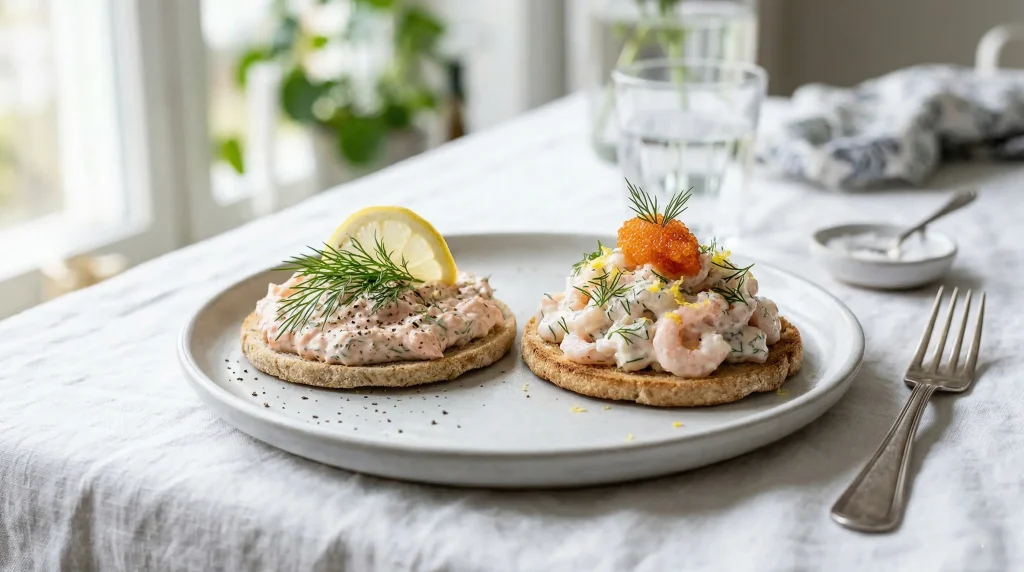 Two Swedish open-faced sandwiches on small rounds of toasted light bread served on a pale grey ceramic plate on a white linen tablecloth — left sandwich topped with creamy pink Laxröra smoked salmon spread with dill and lemon, right sandwich with generous mound of Skagenröra shrimp salad topped with orange roe and fresh dill, bright airy Scandinavian setting with window light and greenery in the background