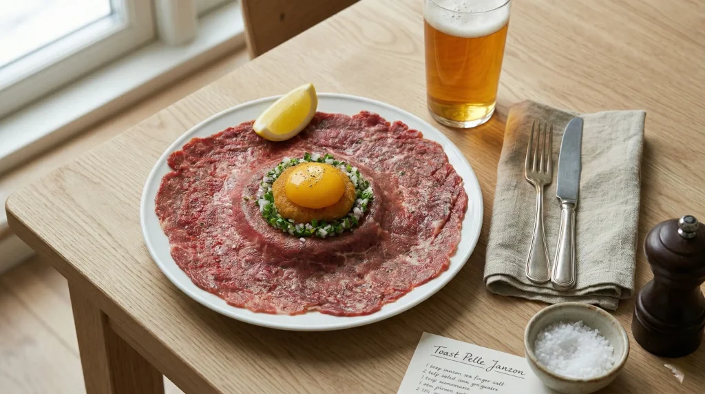 Toast Pelle Janzon – a classic Swedish beef and caviar toast with paper-thin tenderloin, löjrom, raw egg yolk, chives, and red onion, served with a cold drink