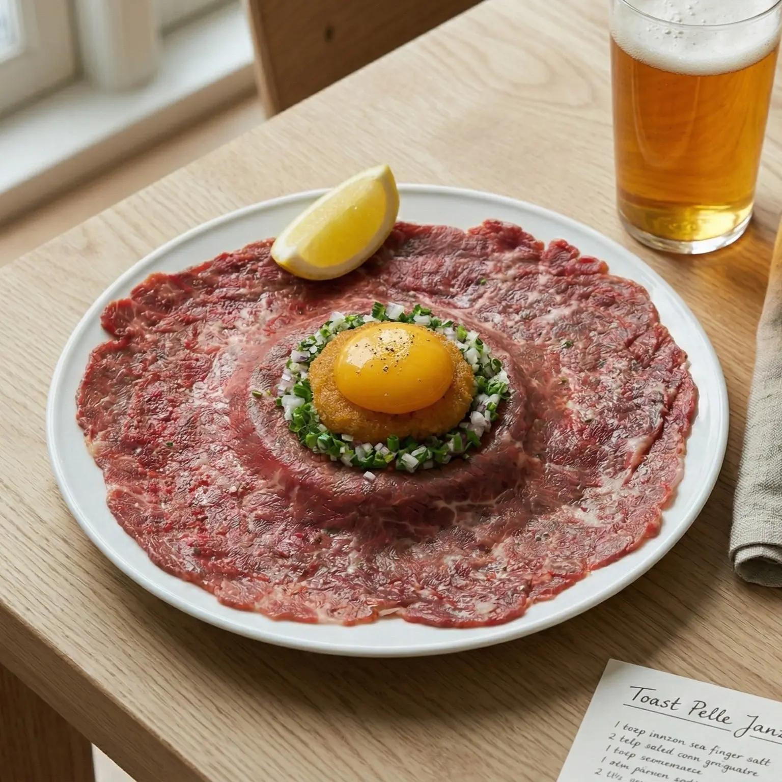 Toast Pelle Janzon – Swedish beef and caviar toast with löjrom, raw egg yolk, red onion, chives, and a lemon wedge, served with a cold beer