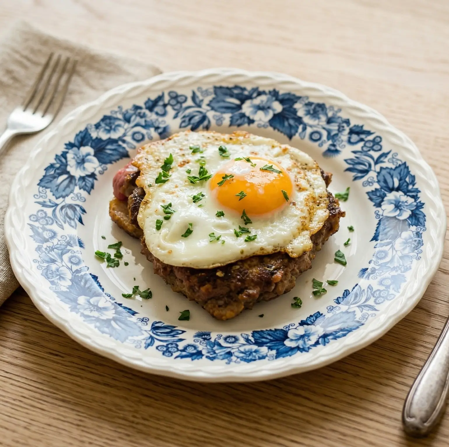 A plated Swedish Operasmörgås featuring an open-faced ground beef patty on toast, topped with a sunny-side-up fried egg and fresh parsley.