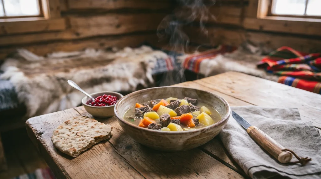 A steaming bowl of bidos, traditional Sámi reindeer stew with potatoes and carrots, served with gáhkku flatbread and lingonberries inside a cabin