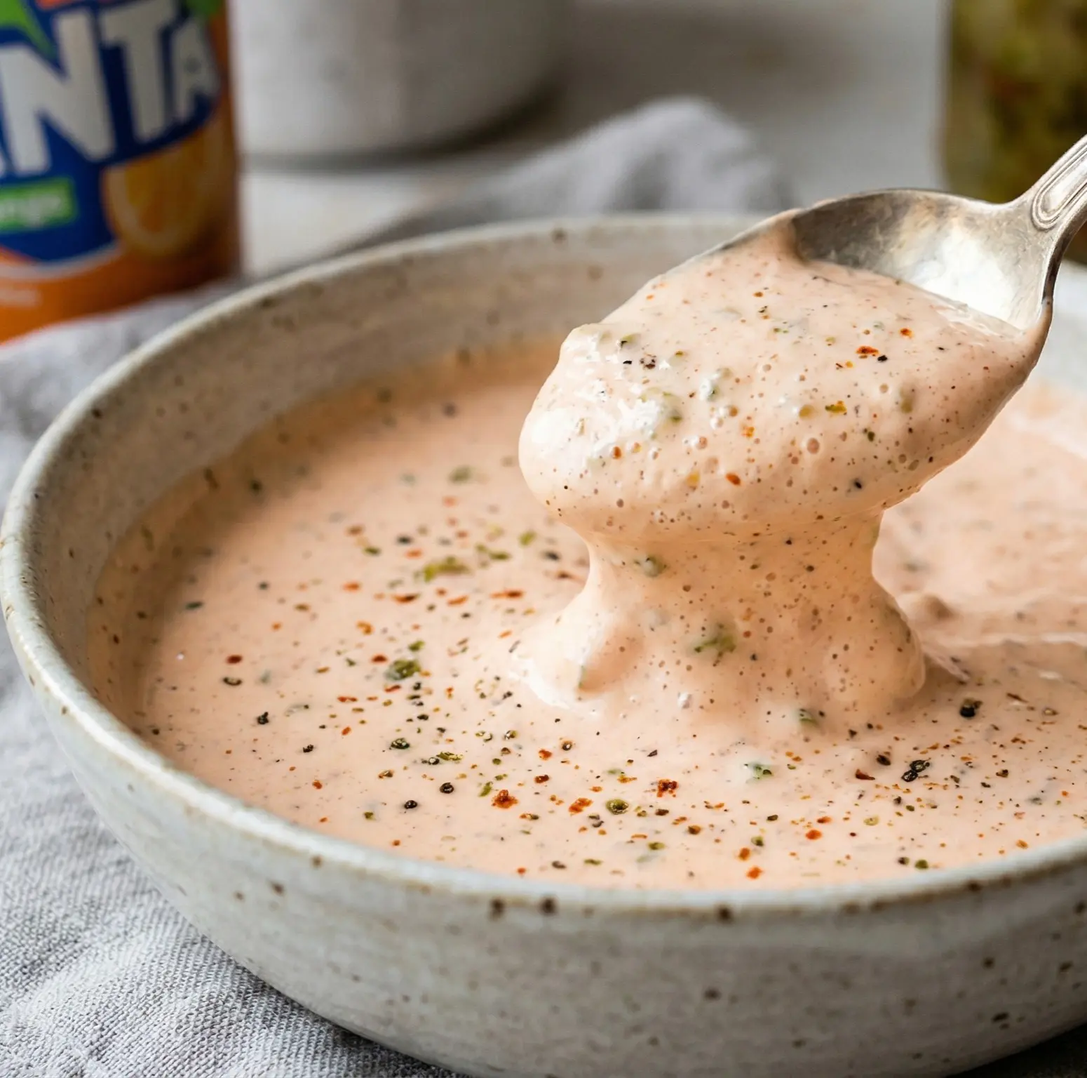 A stone bowl filled with a creamy, light pink sauce speckled with herbs and spices. A silver spoon lifts a dollop of the sauce, with a can of Fanta and a jar of relish in the blurred background.